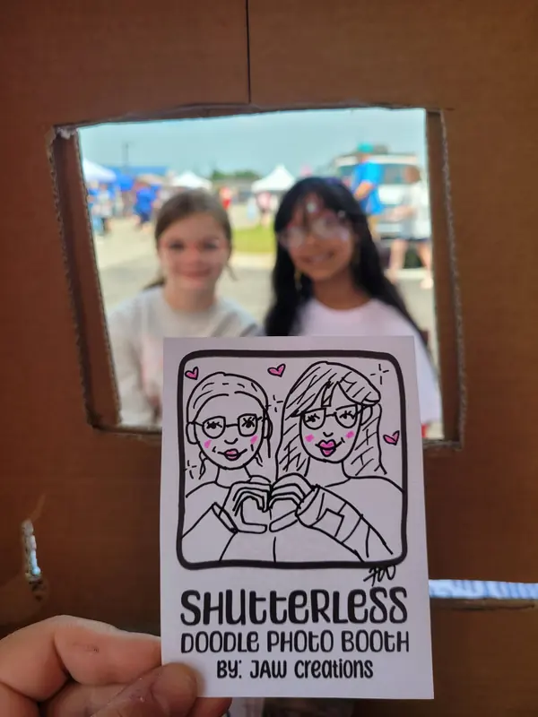Two girls making a heart behind their duo doodle portrait