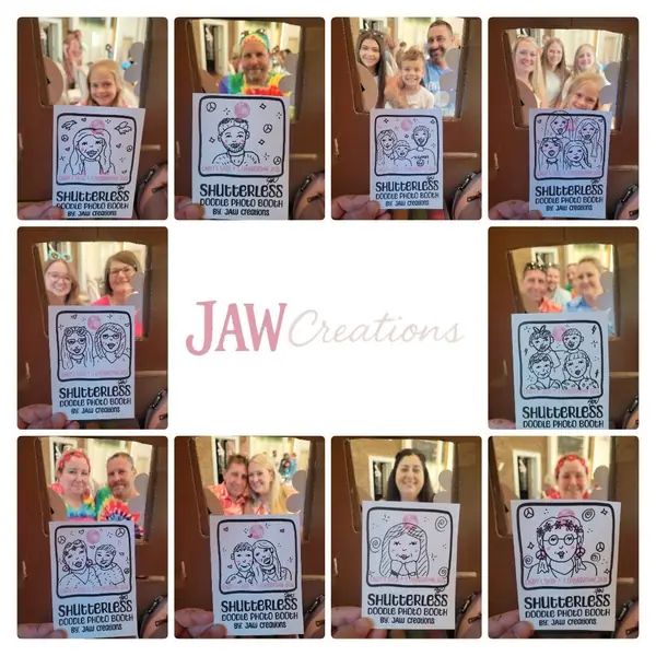 Collage of guests holding their doodle portraits