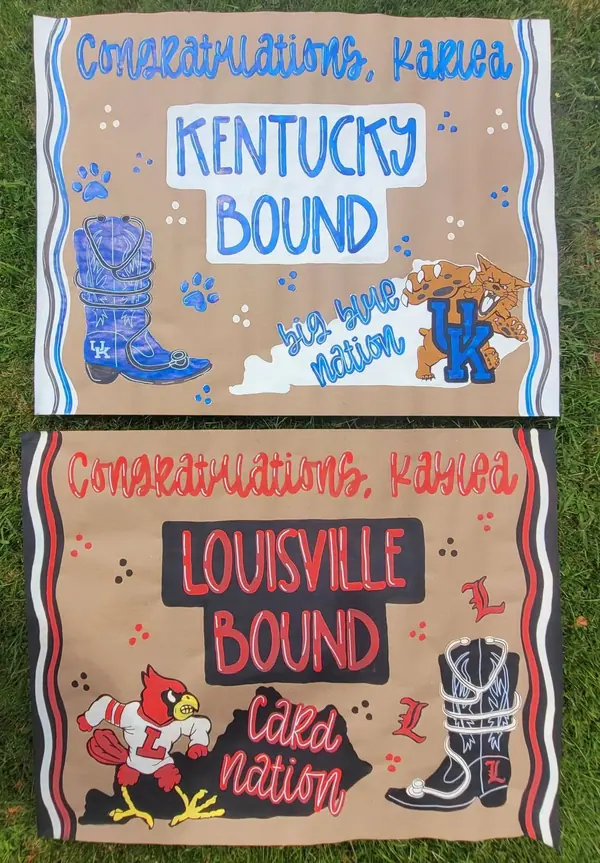 Kentucky Bound and Louisville Bound college celebration banners