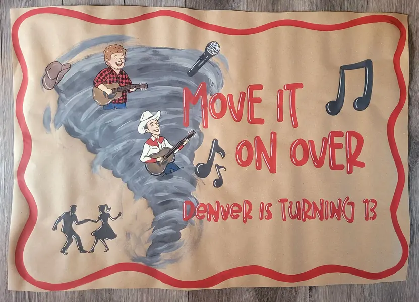 Move It On Over 13th birthday banner with a tornado and musicians
