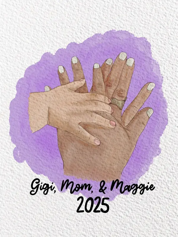 Illustration of three generations of hands, Gigi, Mom and Maggie