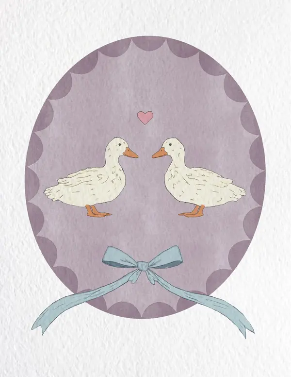 Illustration of two geese tied with a blue ribbon