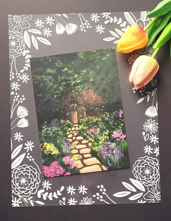 Illustrated cottage garden path print