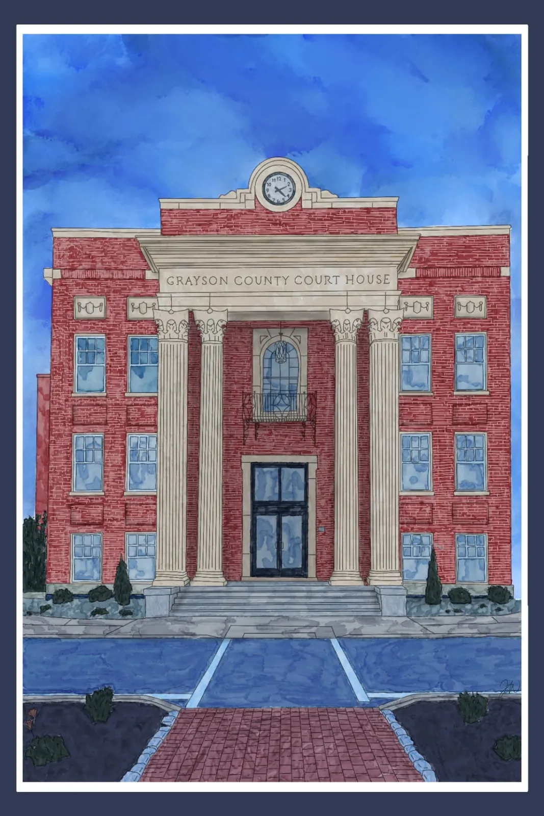 Illustration of a historic brick courthouse