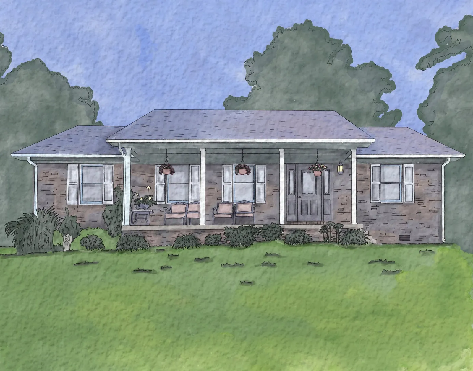 House portrait illustration of a brick ranch home