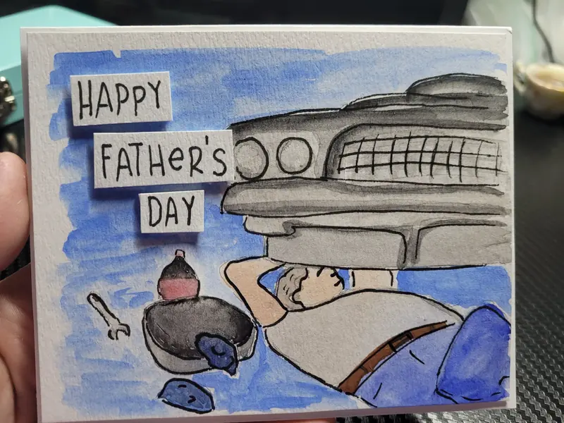 Father's Day card painted with a dad working under a classic car