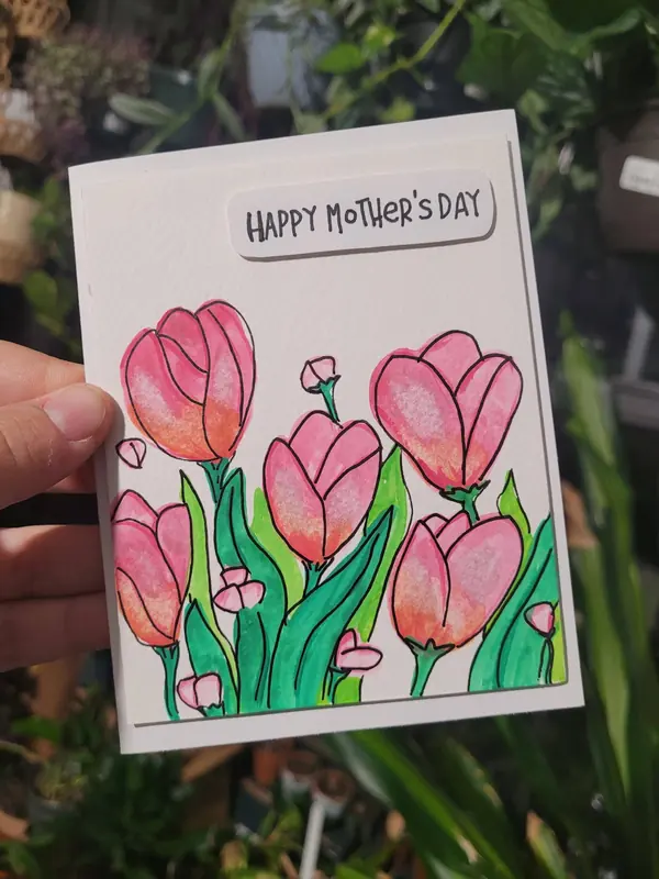 Happy Mother's Day card painted with pink tulips