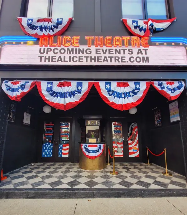 The Alice Theatre entrance decorated for the Fourth of July