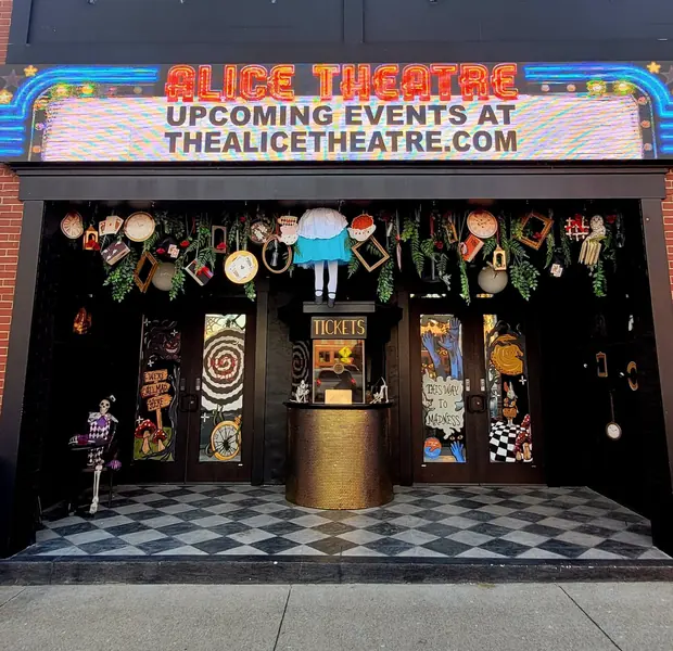 The Alice Theatre entrance painted in a whimsical Wonderland theme